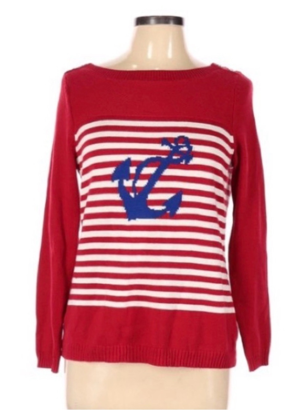 Talbots Red and White Striped Crewneck Sweater with Blue Anchor